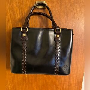 Patricia Nash “Dorothy” Satchel, Black Leather, Chocolate Brown Trim, EUC